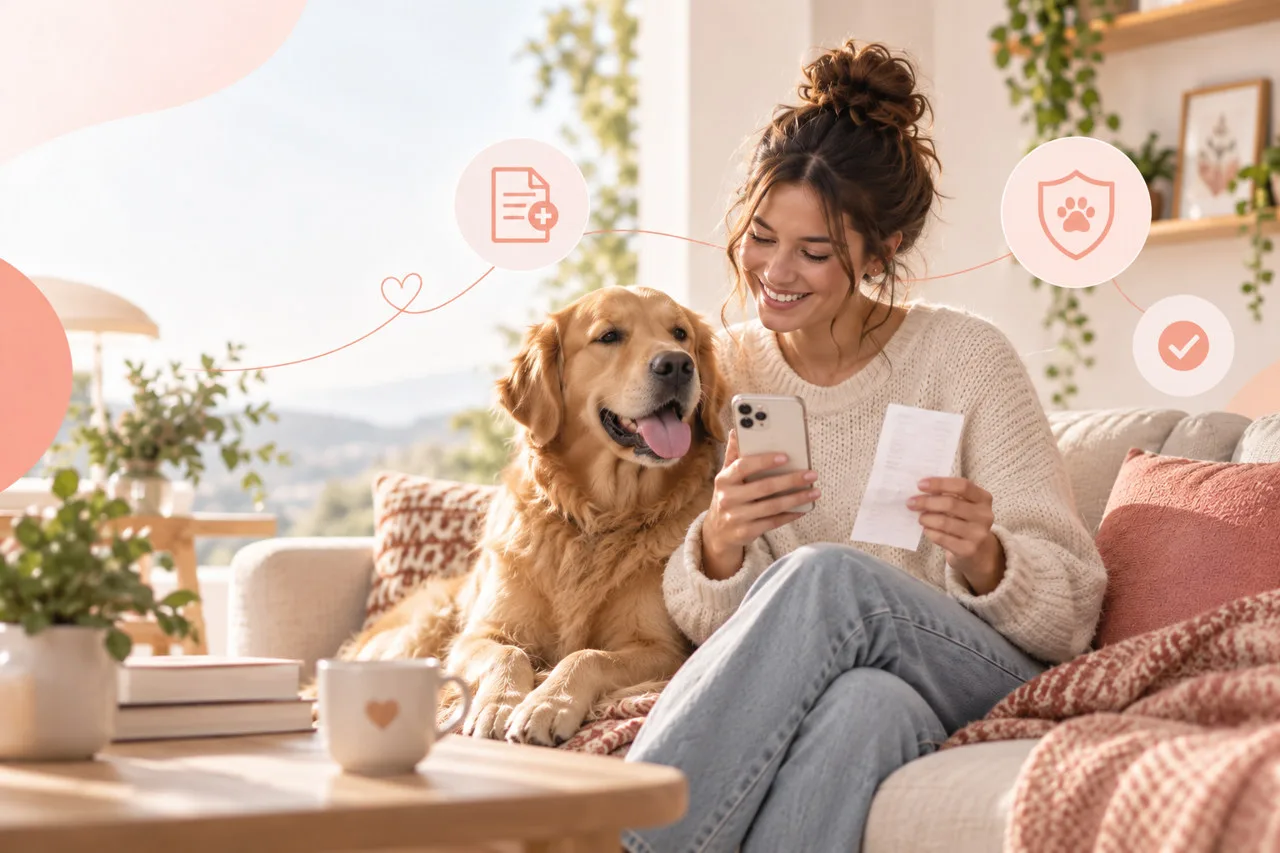 Owner reviewing papers while a dog rests beside her